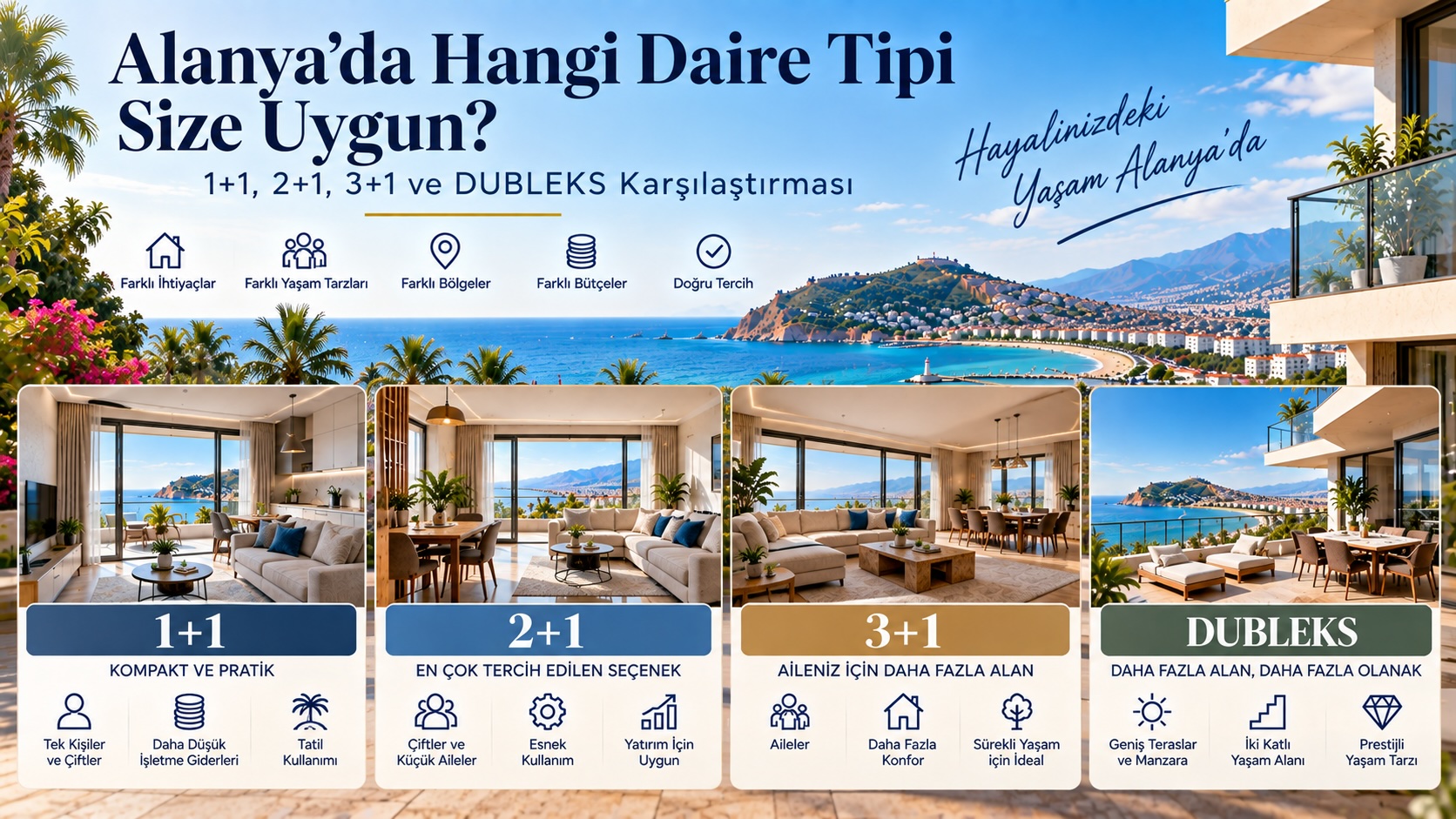 Alanya’da Hangi Daire Tipi Size Uygun? 1+1, 2+1, 3+1 ve Dubleks Karşılaştırması