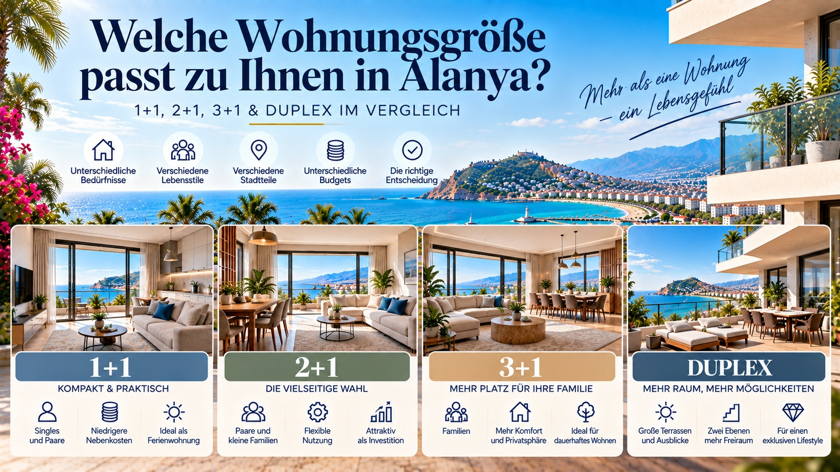 Welche Wohnungsgröße passt zu Ihnen in Alanya? 1+1, 2+1, 3+1 & Duplex im Vergleich
